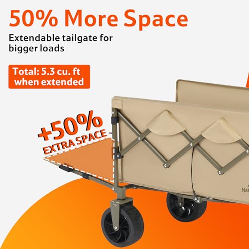 Naturehike Big Wheels Collapsible Wagon Cart, Extra Long Extender Wagon Cart, Brown - color: Khaki With Tailgate