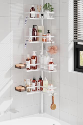 YASONIC Corner Shower Caddy Tension Pole, 25.7-109.1in Adjustable Shower Shelves, Rust-Resistant Shower Organizer, No-Drill 3-Step Installation, Bathroom Shelves for Renters & Family, White - color: White