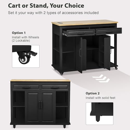 47 Extendable Countertop Coffee Station, Kitchen Storage Cabinets with Power Outlet, Kitchen Island Table with Rubber Wood Veneer for Kitchen use, Black - color: Black