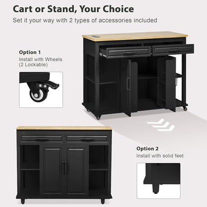 47 Extendable Countertop Coffee Station, Kitchen Storage Cabinets with Power Outlet, Kitchen Island Table with Rubber Wood Veneer for Kitchen use, Black - color: Black