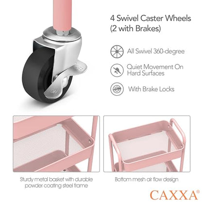 3-Tier Rolling Metal Storage Organizer - Mobile Utility Cart with Caster Wheels, Pink - color: Pink