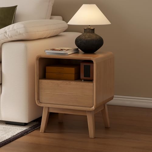 100% Solid Oak Wood Nightstand, Natural Wood Nightstand with Drawer Open Shelf, Mid Century Modern Night Stand, Small Side End Tables, Oak Bedside Table for Bedroom(16.54" Wx13.78 Dx20.47 H) - color: Natural Oak, style: Drawer & Open Storage-1