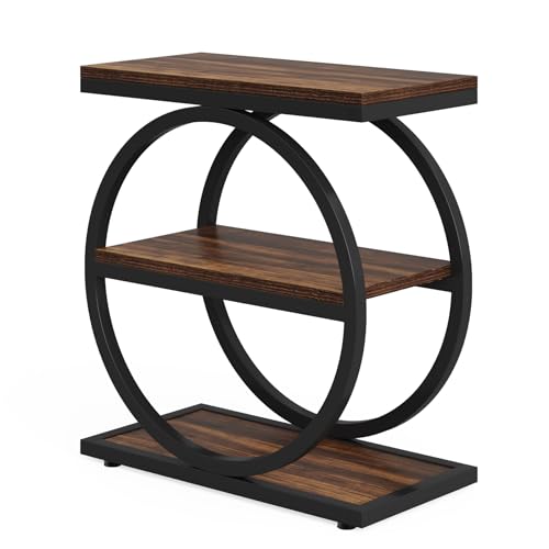LITTLE TREE 3-Tier End Table Set of 2, Industrial Side Table with Storage Shelves, Small Sofa Side Table for Living Room, Wooden Side End Table with Round Metal Legs, Slim Nightstand and Bedside Table - color: Brown and Black