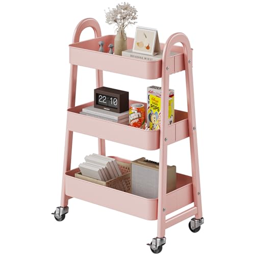 DUMOS 3 Tiers Metal Rolling Utility Cart with Lockable Wheels, Mobile Storage Organizer, Utility Shelving Unit for Kitchen, Office, Bathroom, Laundry, Narrow Places, Pink - color: 3 Tiers Pink