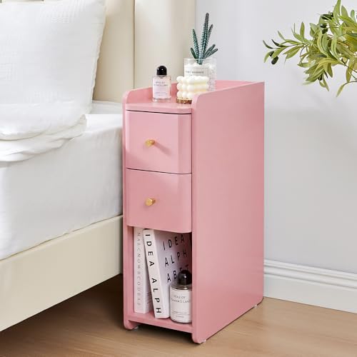 Pink Narrow Nightstand, Wooden Small 2 Drawer Nightstand, Slim Side End Table, Skinny Bedside Table, Mid Century Modern Night Stand with Drawers, for Living Room (Pink-1 pc) - color: Pink-1 Pc