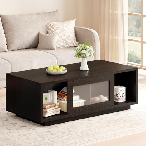HSH Black Coffee Table for Living Room, 47 Inch Modern Wood Rectangle Coffee Tables with Sliding Door and Storage Open Shelf, Large Low Center Table for Home Decor, Black Oak - color: Black Oak