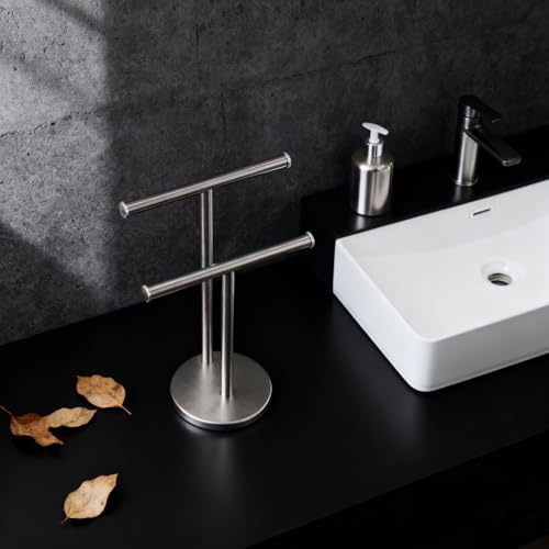 Hand Towel Holder, NEWRAIN Double Countertop Hand Towel Holder Stand, Stainless Steel Free Standing Hand Towel Rack with Heavy Base, for Bathroom Kitchen & Counter top, Brushed Nickel - color: Brushed Nickel, style: 2-Tier
