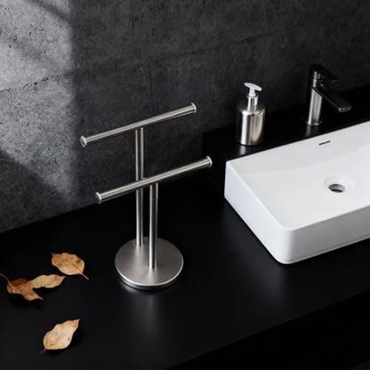 Hand Towel Holder, NEWRAIN Double Countertop Hand Towel Holder Stand, Stainless Steel Free Standing Hand Towel Rack with Heavy Base, for Bathroom Kitchen & Counter top, Brushed Nickel - color: Brushed Nickel, style: 2-Tier