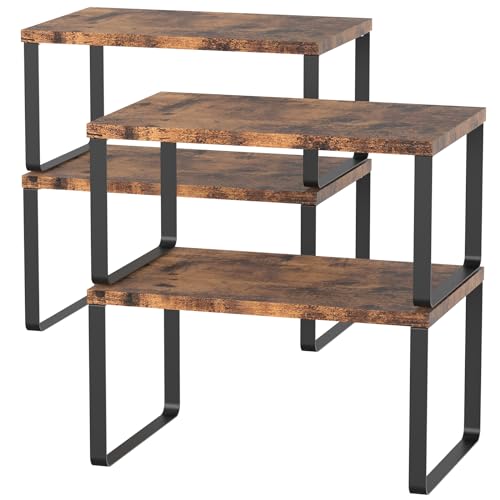 CADUKE Set of 4 Counter Shelves Kitchen Cabinet Shelf Organizer Brown | Countertop Organizer,Counter Top Racks,Stackable, Expandable, Metal and Engineered Wood, for Bathroom - color: Brown