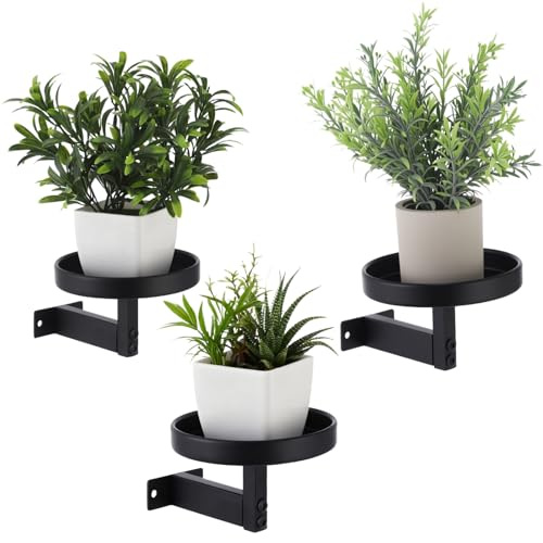 OMISTAR 3 Pack Wall Plant Holders for Indoor Plants, 5.9 Inch Metal Floating Shelves with Round Trays, Wall Mounted Plant Stands for Small Pots, Black