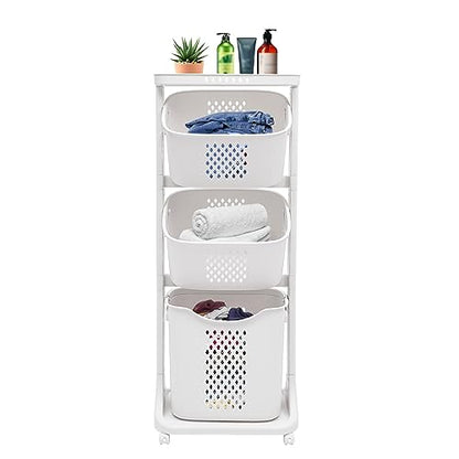 3 Tier Laundry Hamper Basket Sorter, Clothes Storage with Wheels Removable Storage Basket, Laundry Sorter Cart with Handle, Freestanding Clothes Hamper Organizer for Bathroom, Bedroom