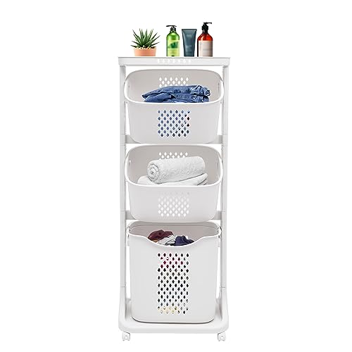 3 Tier Laundry Hamper Basket Sorter, Clothes Storage with Wheels Removable Storage Basket, Laundry Sorter Cart with Handle, Freestanding Clothes Hamper Organizer for Bathroom, Bedroom