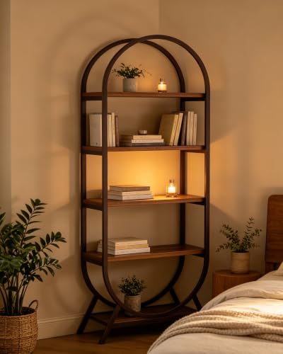 Bookshelf Arched Bookcase, 5 Tier Open Freestanding Display Shelf for Home Office, Living Room, Walnut - color: Walnut, size: 5 Tier Arched