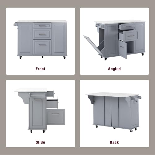 Kitchen Island with Trash Can Storage Cabinet and Faux Marble Top | Grey Blue, 50.7" Rolling Kitchen Cart on Wheels with Drop Leaf, Spice Rack, Towel Rack and Adjustable Shelf for Dining Room - color: Grey Blue