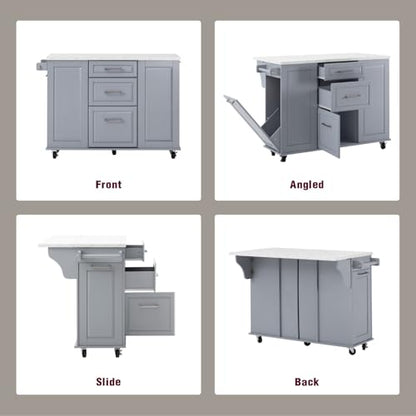 Kitchen Island with Trash Can Storage Cabinet and Faux Marble Top | Grey Blue, 50.7" Rolling Kitchen Cart on Wheels with Drop Leaf, Spice Rack, Towel Rack and Adjustable Shelf for Dining Room - color: Grey Blue