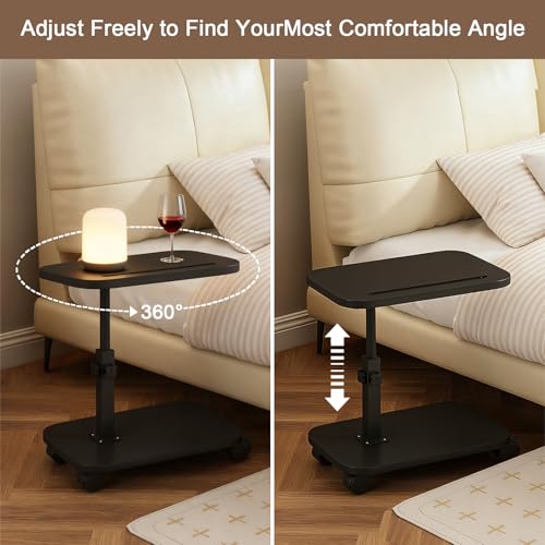 Adjustable Height TV Tray Table with Wheels, C Shaped End Side Table & Phone Tablet Slot, Swivel Snack Stand for Couch, Sofa, Bed,Living Room, Laptop Use in Small Spaces (Black) - color: Black