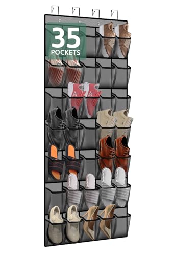 PAULONE 35 Pocket Over the Door Shoe Organizer,Reusable Breathable Large Mesh Bag Men's & Women's Sneaker Organizer,Shoe Organizer for Kids,Hanging Shoe Storage Hanging Bag (Gray) - color: Gray