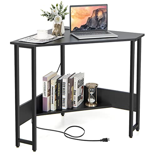 Tangkula Corner Desk with Power Outlet & USB Ports, Triangle Computer Desk with Charging Station, Storage Shelf, Space Saving Writing Desk, Vanity Table, Corner Desk for Small Space (Black) - color: Black