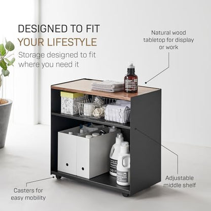 Yamazaki Home Tower Mobile Hideaway Storage Cart – Rolling Printer Stand with Adjustable Shelves, Hidden Storage, Rolling Cart with Wheels, Mobile Office Organizer, Utility Cart, 23" - Steel + Wood - - color: Black