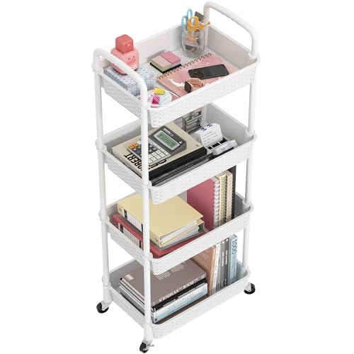 MOYIPIN 4-Tier Plastic Rolling Utility Cart with Handle,Utility Storage Cart for Office, Living Room, Kitchen,Movable Storage Organizer Shelves,White - color: White, size: 4-Tiers without cups