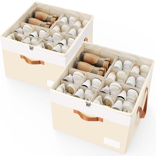 Criusia Shoe Organizer for Closet, 2 Pack Foldable Shoe Storage Organizer Box Bin with Adjustable Dividers and Clear Cover, Closet Shoe Storage for Sneakers Sandals Boots, Fit 16-32 Pairs, Beige - color: Beige