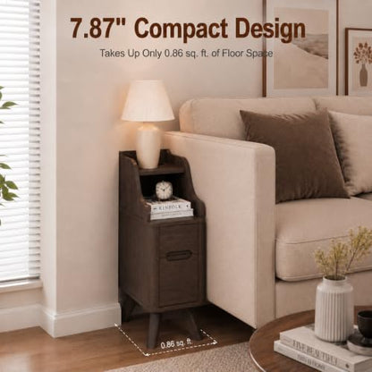 7.87" Narrow Nightstand Set of 2, 2 Drawer Nightstand with Charger Station | Wooden Thin Couch Side End Table, Skinny Bedside Table Small Spaces, Mid Century Modern Night Stand with Drawers, Brown-2Pcs - color: Brown, size: Narrow (2 drawer)