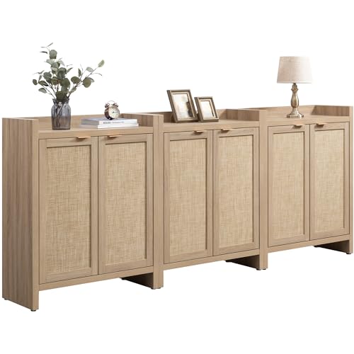 SICOTAS Shoe Cabinet Set of 3, Large Capacity Shoe Storage Organizer Cabinet, Tall Rattan Shoe Cabinet with Doors and Shelves, 6-Tier Farmhouse Boho Wooden Storage Cabinet for Entryway, Light Oak - color: Reclaimed Light Oak, size: 3 Pieces