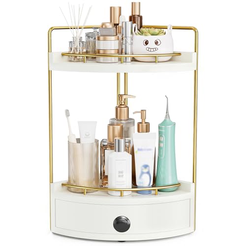 2-Tier Corner Bathroom Counter Organizer with Drawer, White Gold | Embedded Screw Holes, Wooden Countertop Organizers, Space-Saving, Bottom Ventilation Design, Counter Shelf for Vanity - color: White Gold