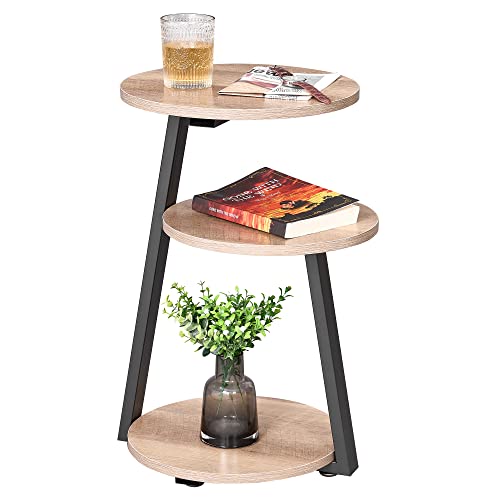 BEWISHOME Small Round Side Table, End Table with Storage Shelves, Greige | Metal Frame, 3-Tier Shelves, Nightstand Bedside Table, Small Couch Coffee Table, KTZ41G - color: Greige, size: without PowerOutlet