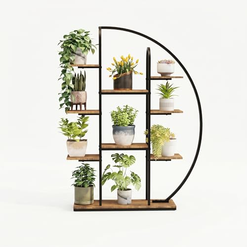 Tall Metal Plant Stand with Grow Light, 9-Tier Moon-Shaped LED Flower Rack, Multi-layer Display Holder for Living Room Balcony