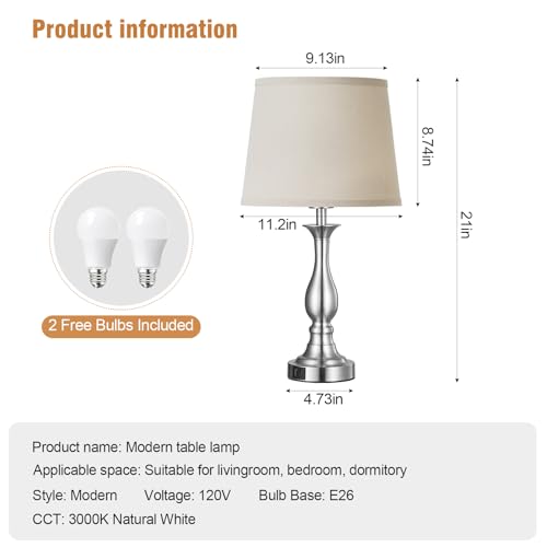 Bedside Table Lamp Touch Control Bedroom Lamps with USB A and C Charging Port 3 Way Dimmable Touch Lamps for Nightstand Living Room Bedroom Dorm Home Office Reading, Set of 2 - color: Silver