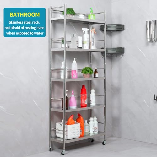 susunnus Stainless Steel Shelf,Shelves for Storage,Metal Kitchen,Garage Shelf,with Wheels,Rolling Shelves,Adjustable Height,Weight Capacity 440LB(27.6in*10.2in-5Twith guardrails) - size: 27.6in*10.2in-5T