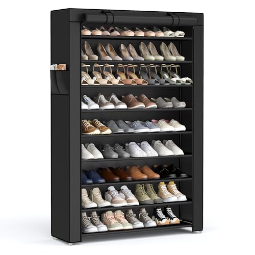 SONGMICS 10-Tier Shoe Rack, Shoe Storage Cabinet with Dustproof Cover, Free-Standing Shoe Storage Organizer for Closet, Entryway, Hold 40-50 Pairs of Shoes, for Sneakers, High Heels, Black URXJ36HV1 - color: Black, size: 10 Tiers (33.1"W)