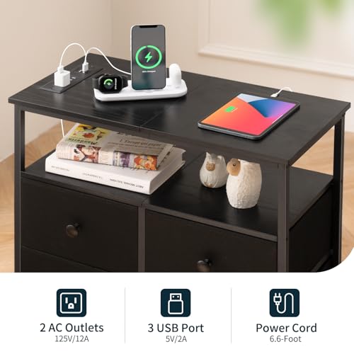 Yoobure Night Stand with Charge Station, Nightstand with 4 Drawers Bedside Table, LED Dresser with Storage Shelf, Night Stands for Bedroom, Side Table 3-Tier Wood End Table for Home, Office Black - color: Black