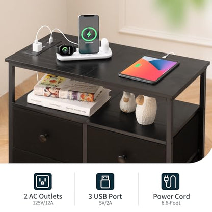 Yoobure Night Stand with Charge Station, Nightstand with 4 Drawers Bedside Table, LED Dresser with Storage Shelf, Night Stands for Bedroom, Side Table 3-Tier Wood End Table for Home, Office Black - color: Black