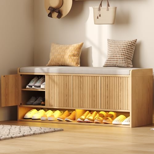 HOMEFORT 47.2" Fluted Shoe Storage Bench, Entryway Bench with Linen Seat Cushion, Shoe Cabinet Bench with Adjustable Shelf and Built-in LED Sensor Light, Bench for Bedroom End of Bed, Natural Oak - color: Natural Oak, size: 47.2"Wx15.15"D x19.3"H