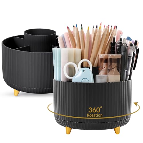 SKYDUE 2 Pack Pen Holder, 360 Degree Rotating Pencil Holder for Desk Organizer, Rotating Desktop Pen Organizer with 5 Slots, Office Supplies, Pencil Cup for Office, School, Home - color: Black_2Pack