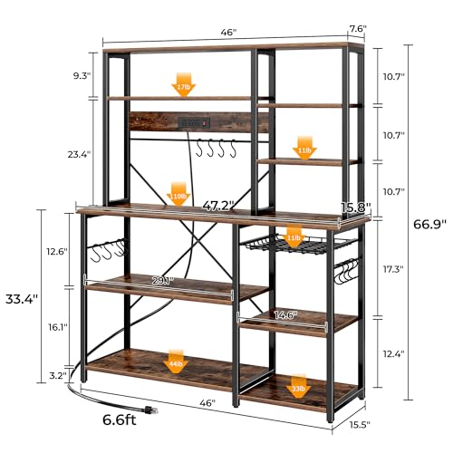 SUPERJARE Larger Bakers Rack with Power Outlets, 6-Tier Microwave Stand, Coffee Bar with 12 S-Shaped Hooks, Kitchen Shelf with Wire Basket, 47.2 x 15.5X 66.9 Inches, Rustic Brown - color: Rustic Brown, size: 47.2inch