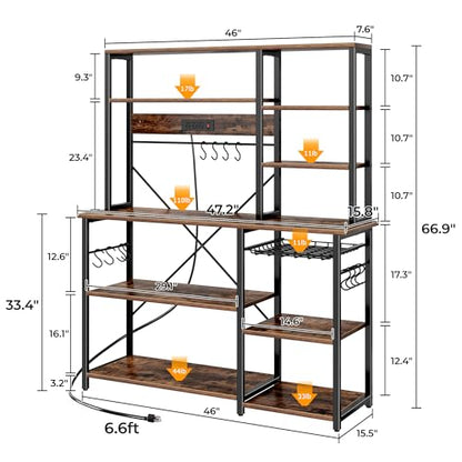 SUPERJARE Larger Bakers Rack with Power Outlets, 6-Tier Microwave Stand, Coffee Bar with 12 S-Shaped Hooks, Kitchen Shelf with Wire Basket, 47.2 x 15.5X 66.9 Inches, Rustic Brown - color: Rustic Brown, size: 47.2inch