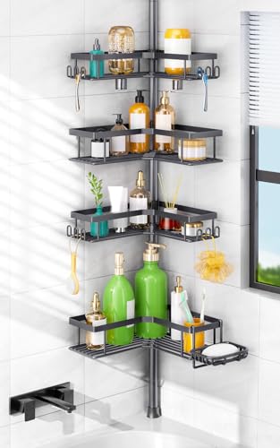 HAMITOR Shower Caddy Tension Pole: 4-Tier Corner Bathroom Organizer with Soap Holder - No-Drill Adjustable Storage Rack - 47-123 Inch Rustproof Space Saving Gray - color: Gray