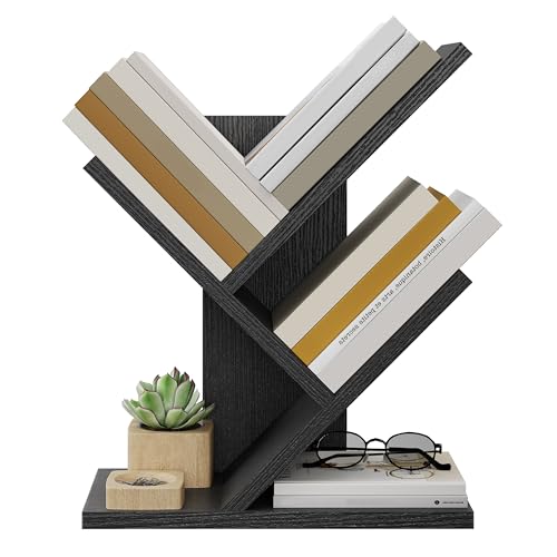 Tajsoon Tree Bookshelf 3-Tier Small Book Organizer, Black | Mini Bookshelf, Small Bookcase, Modern Book Storage for Books/CDs, Tabletop Bookshelf for Desk, Bedroom, Living Room, Office - color: Black