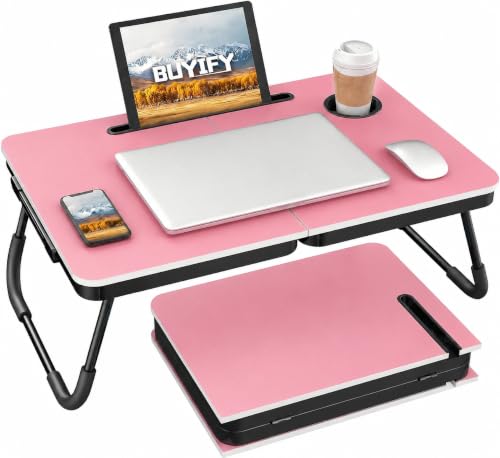 BUYIFY 23.4" Foldable Lap Desk Bed Table with Cup Holder Portable Tray | Folds Flat for Easy Storage, No Assembly Laptop Bed Desk, Sturdy and Lightweight, Patent Design, RosePink - color: Rose Pink