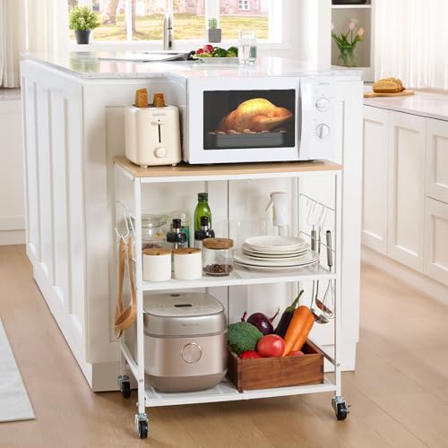Rolling Kitchen Microwave Cart, 3 Tier Microwave Stand with Storage, Small Kitchen Island on Wheels, Wood and Mental Kitchen Shelf Rack, White Organizer for Living Room, Office, Balcony - color: White