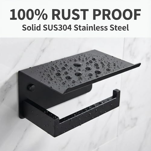 Toilet Paper Holder with Phone Shelf, Matte Black | SUS304 stainless steel, screw-mounted, phone shelf with raised lip, fits standard toilet paper rolls - color: Matte Black