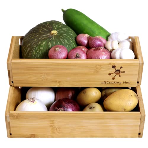 Bamboo Open-Front Stacking Storage Bin -Configurable as 2-Tier Fruit Basket