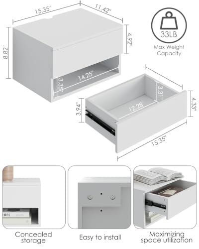 Floating Nightstand, Small Modern Floating Nightstand with Drawer, Floating Shelves for Bedroom, Bathroom (White) - color: White