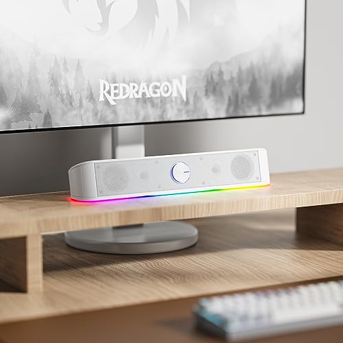 Redragon GS560 RGB Desktop Soundbar, 2.0 Channel Computer Speaker with Dynamic Lighting Bar Audio-Light Sync/Display, Touch-Control Backlit with Volume Knob, USB Powered w/ 3.5mm Cable, White - color: White