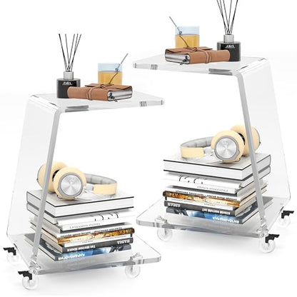 Modern Acrylic Side Tables Set of 2, 15mm Thick Clear Lucite End Tables with Wheels for Living Room & Bedroom, Luxury C-Shaped Rolling Sofa Tables, Heavy Duty Contemporary Furniture - color: 2-pack