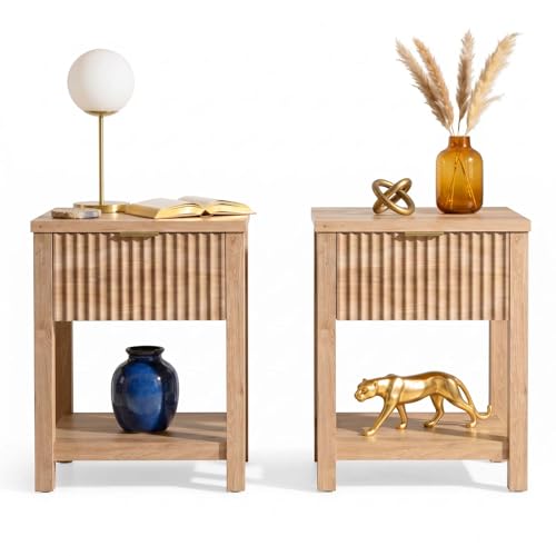 Fluted Night Stand with Golden Handle,Set of 2 Mid-Century Nightstands with Drawer, Bedside Table with Storage Shelf,Large Wood End Tables for Livingroom,Bed Side Tables for Bedroom, Natural Oak - color: 2pcs_oak_plus