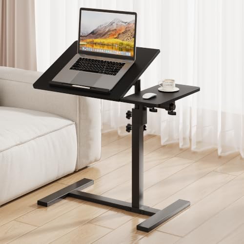 Overbed Table with Wheels Rolling, Adjustable Mobile Bedside Desk | Flip-Top, Laptop Table, C Shaped End Side Table for Couch, Sofa, Bed, Recliner and Home Use, Large Black - color: Large Black